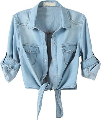 Omoone Women's 3/4 Sleeve Denim Crop Top Tie Knot Shirt Cardigan