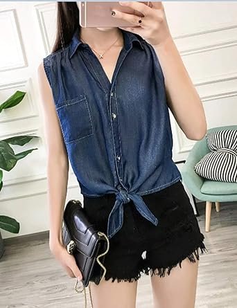 Omoone Women's 3/4 Sleeve Denim Crop Top Tie Knot Shirt Cardigan - Image 4
