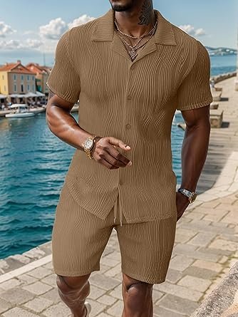 Summer Outfits for Men 2 Piece Short Sleeve Button Down Shirt & Shorts - Image 5
