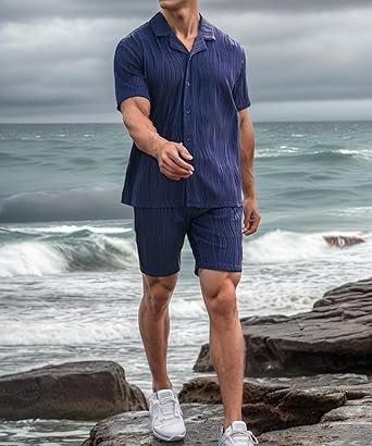 Summer Outfits for Men 2 Piece Short Sleeve Button Down Shirt & Shorts - Image 3