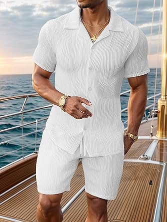 Summer Outfits for Men 2 Piece Short Sleeve Button Down Shirt & Shorts - Image 9