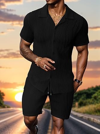 Summer Outfits for Men 2 Piece Short Sleeve Button Down Shirt & Shorts - Image 6