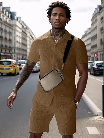 Summer Outfits for Men 2 Piece Short Sleeve Button Down Shirt & Shorts - Image 4